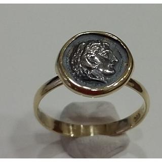 Gold 14k ring Owl with silver coin ΔΑ 002026  Weight:1.7gr